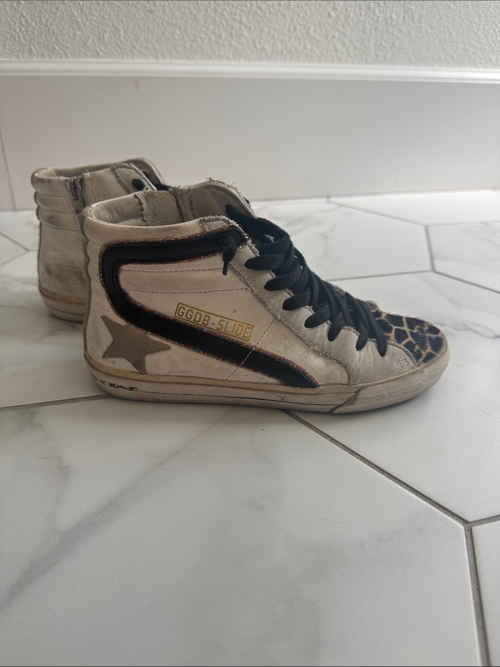Golden Goose Kids White High-Top Sneakers with Black Laces and Leopard Toe